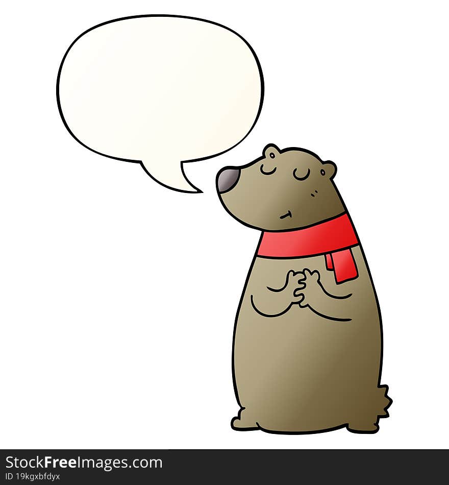 cartoon bear wearing scarf and speech bubble in smooth gradient style