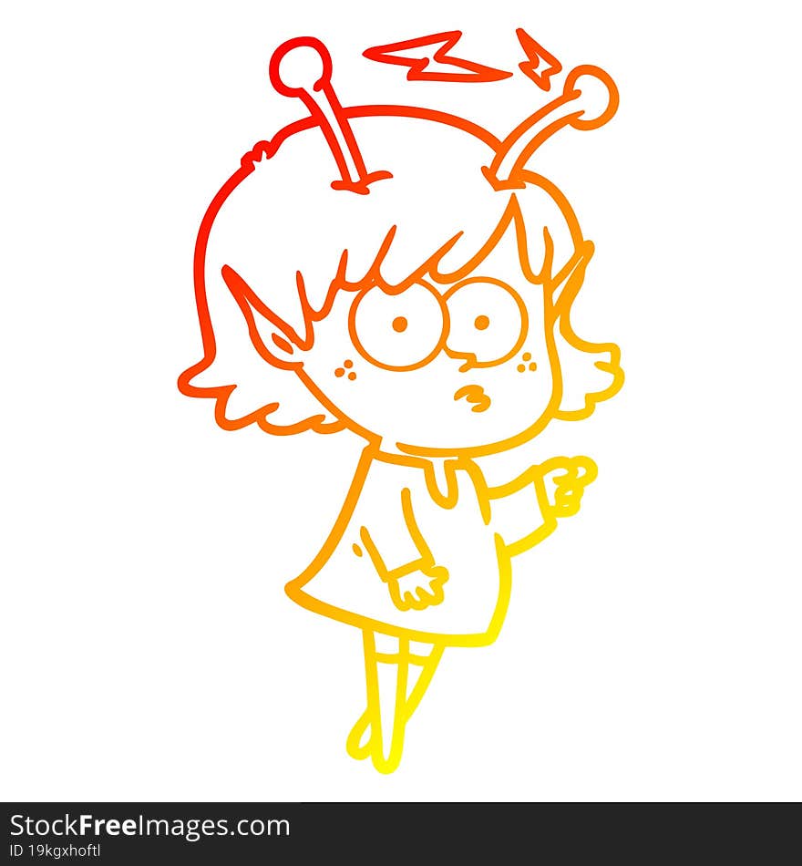 warm gradient line drawing of a cartoon alien girl