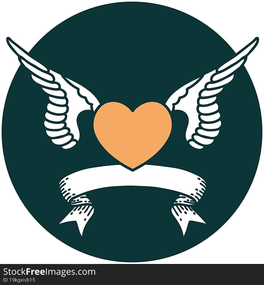 tattoo style icon with banner of a heart with wings