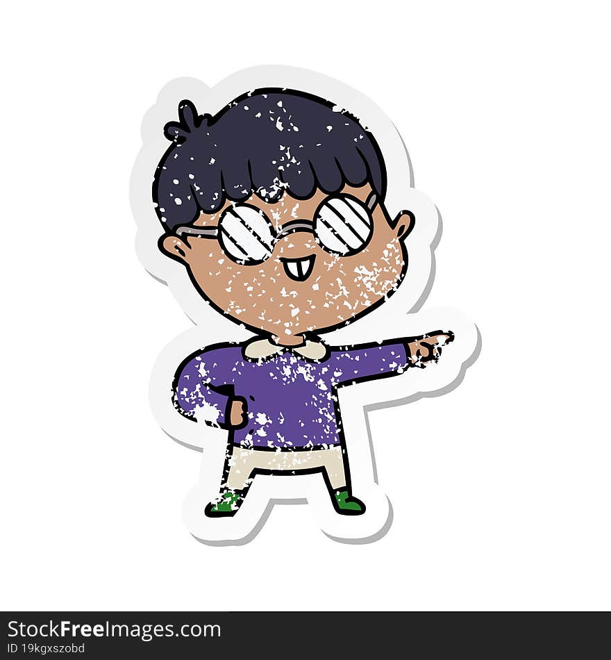 distressed sticker of a cartoon boy wearing spectacles