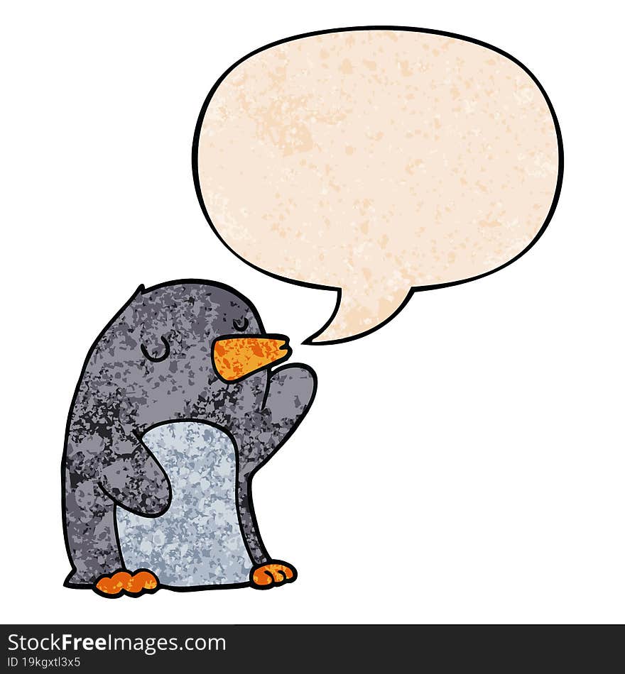 cartoon penguin and speech bubble in retro texture style