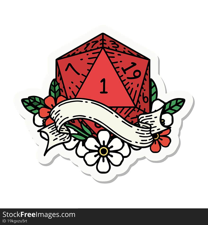 sticker of a natural one d20 dice roll. sticker of a natural one d20 dice roll