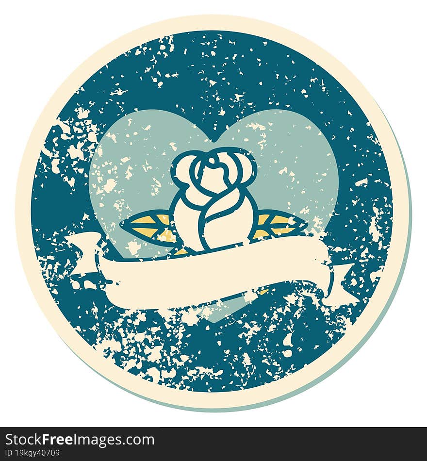 Distressed Sticker Tattoo Style Icon Of A Heart Rose And Banner