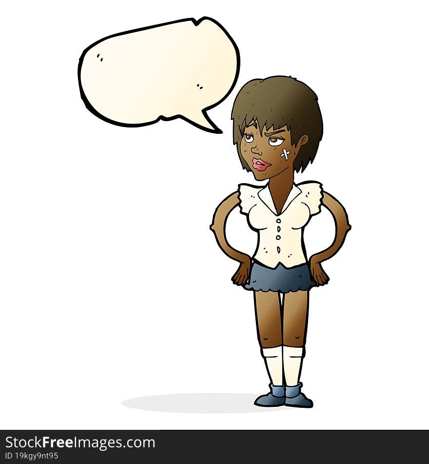 cartoon tough woman with hands on hips with speech bubble