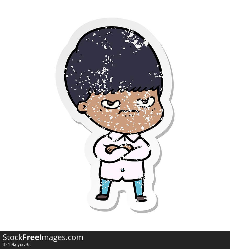 distressed sticker of a annoyed cartoon boy