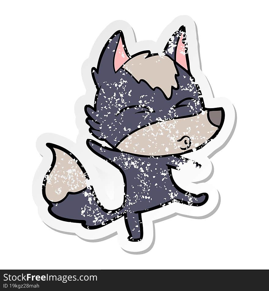 distressed sticker of a cartoon wolf pouting