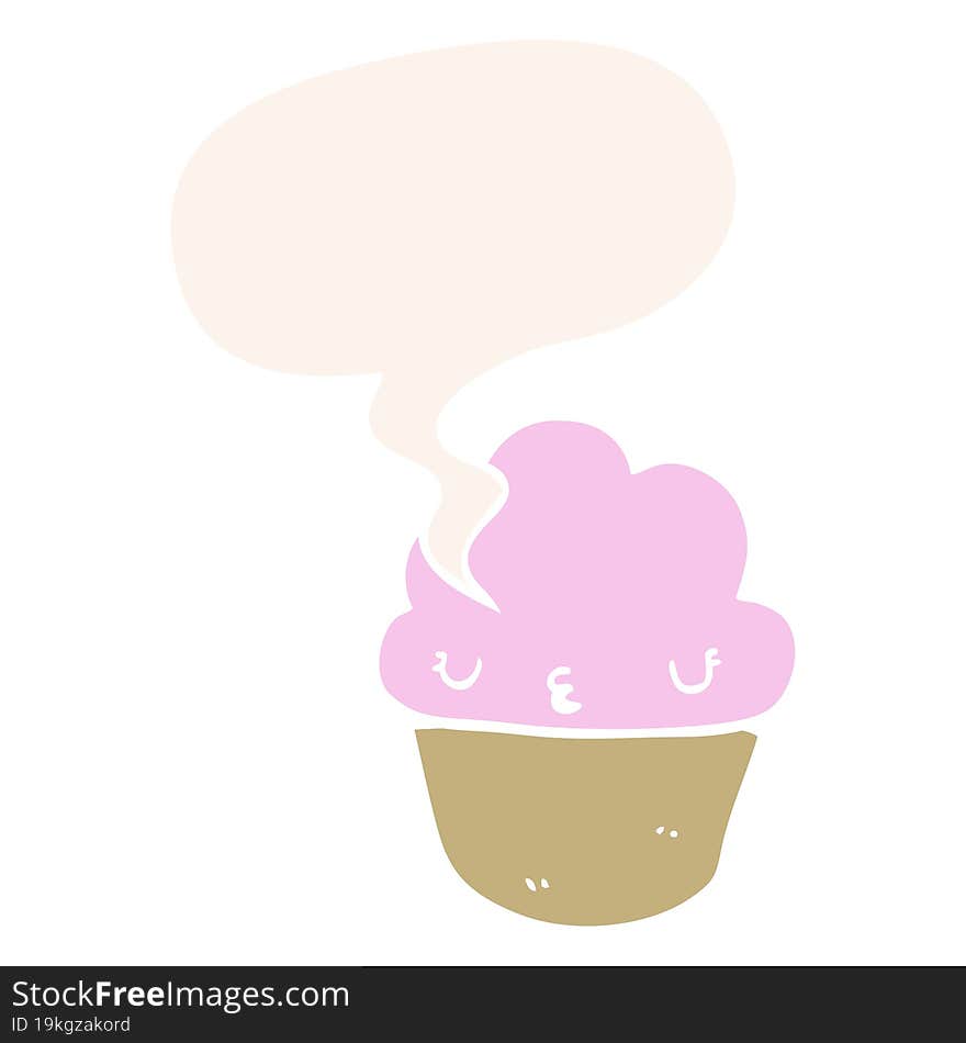 cartoon cupcake and face and speech bubble in retro style