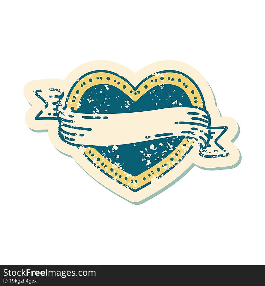 Distressed Sticker Tattoo Style Icon Of A Heart And Banner