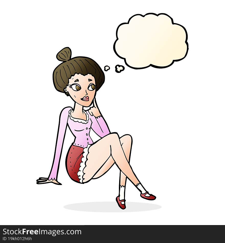 cartoon attractive woman sitting thinking with thought bubble