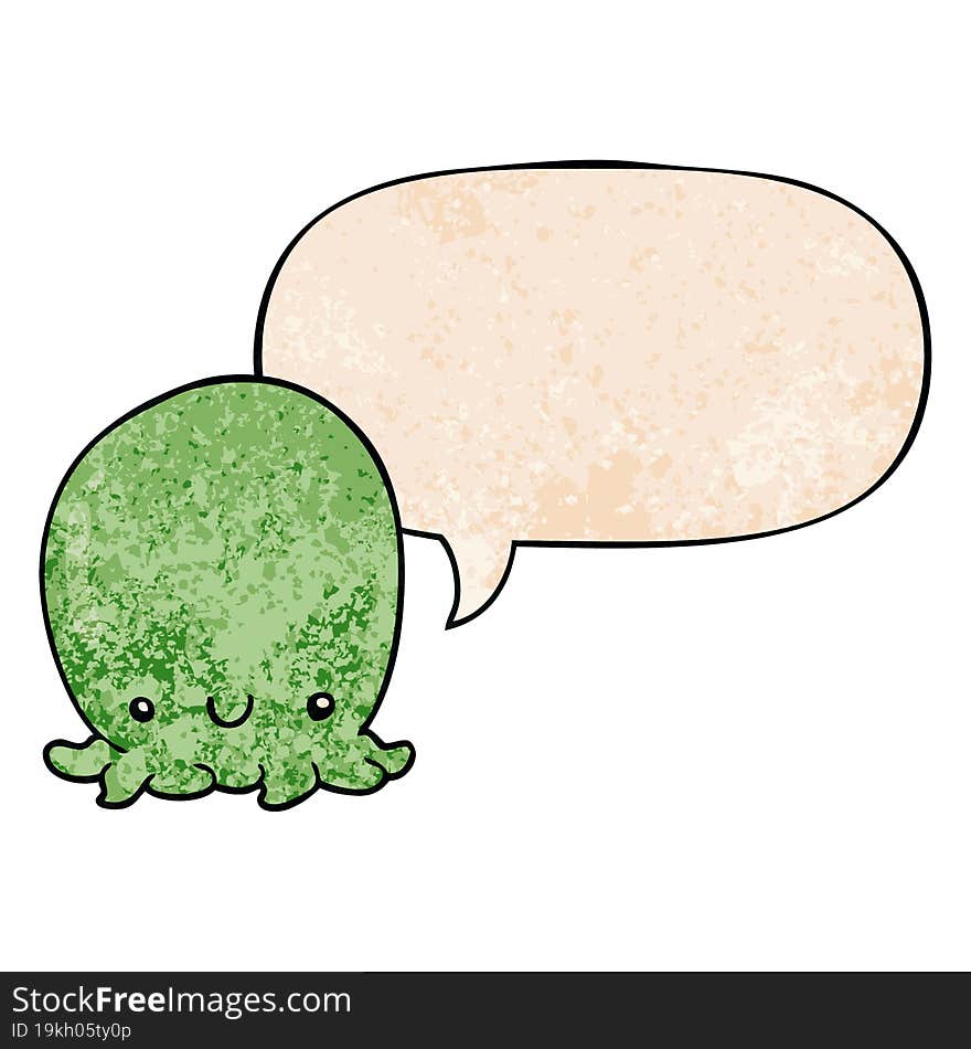 cute cartoon octopus and speech bubble in retro texture style