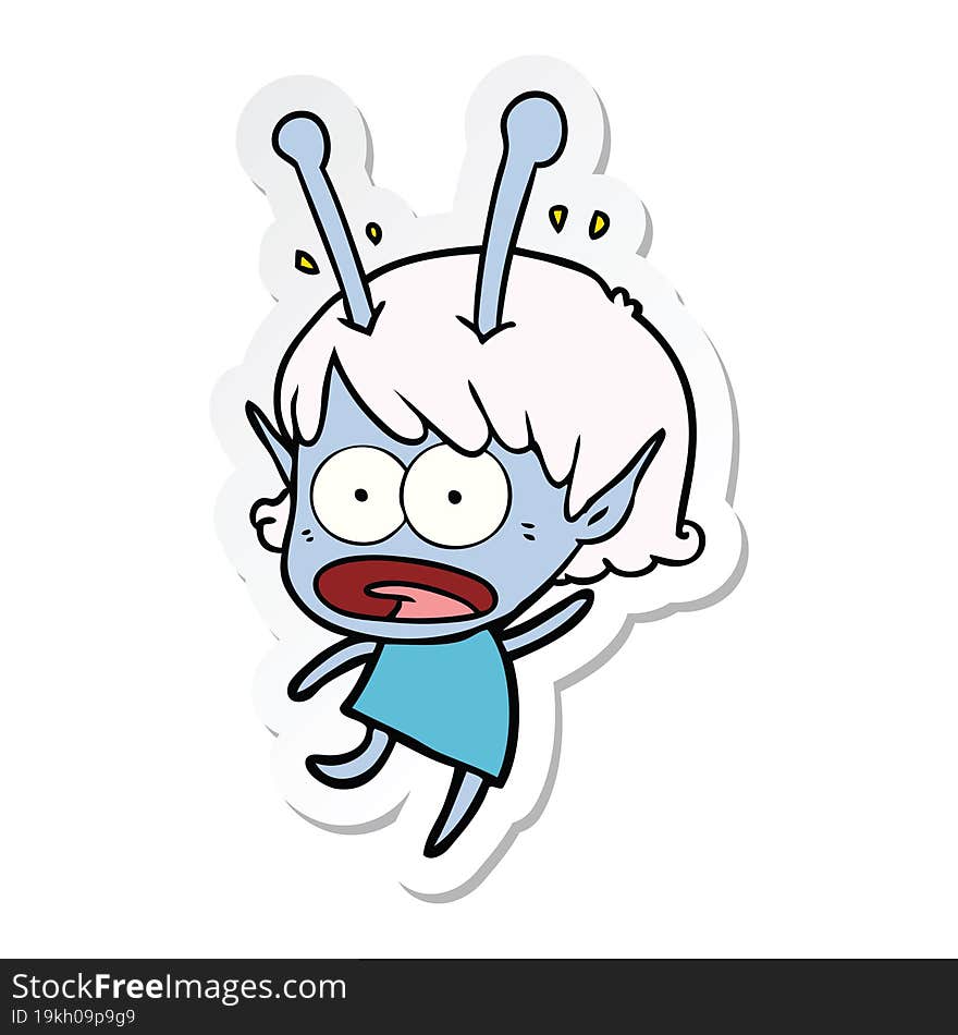 sticker of a cartoon shocked alien girl