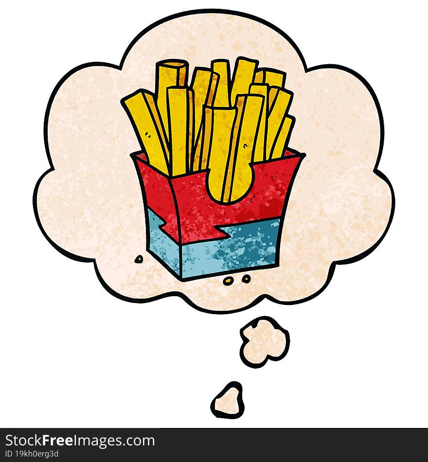 cartoon fries and thought bubble in grunge texture pattern style