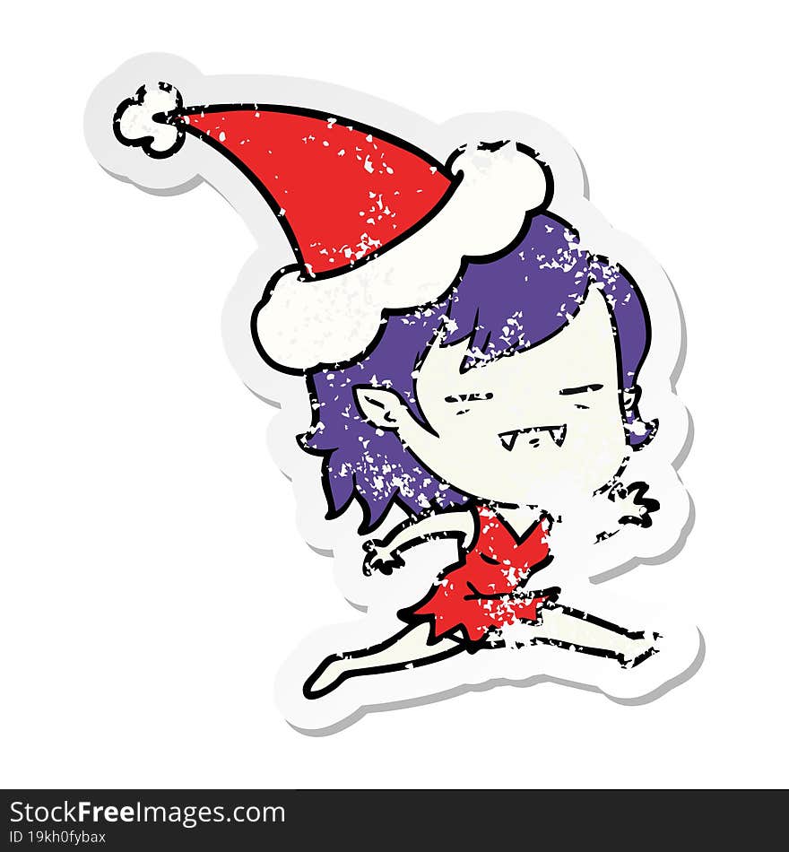 Distressed Sticker Cartoon Of A Undead Vampire Girl Wearing Santa Hat