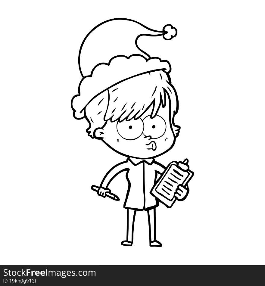 hand drawn line drawing of a woman wearing santa hat