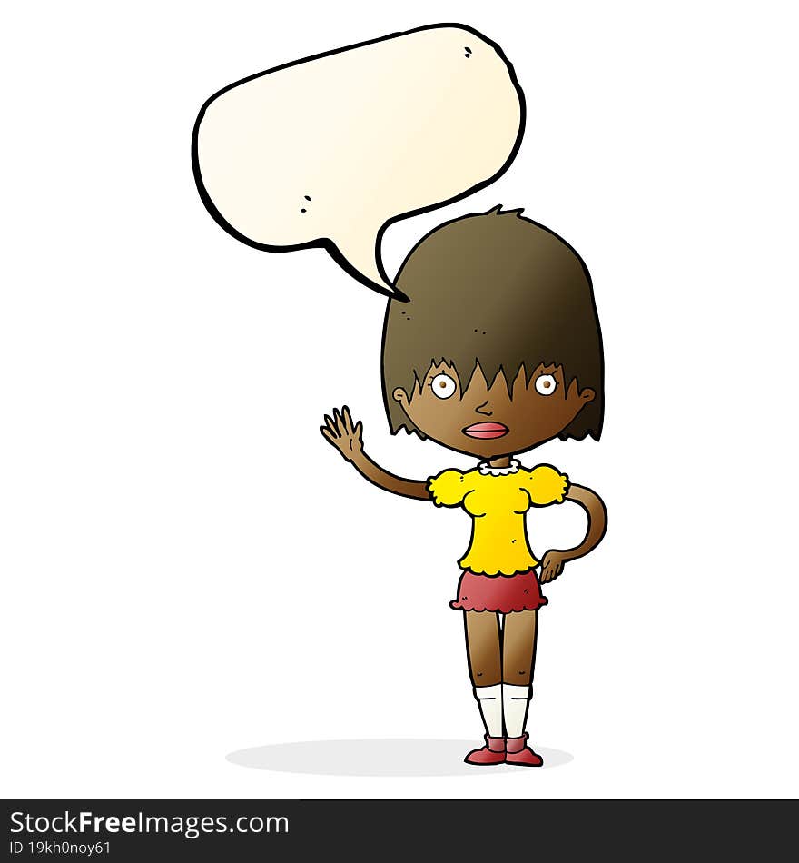 cartoon waving woman with speech bubble