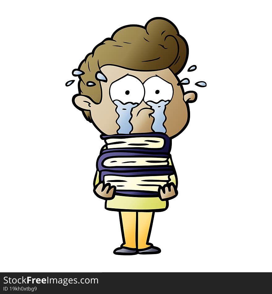 cartoon crying student with stack of books. cartoon crying student with stack of books