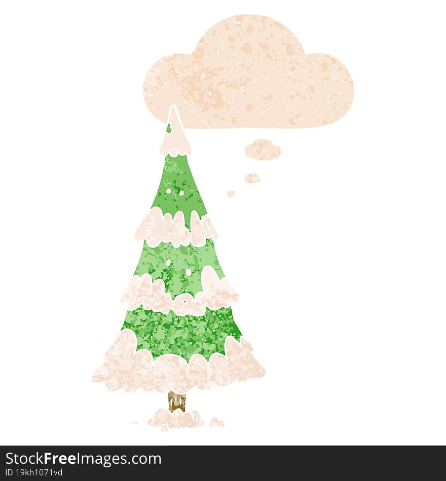 cartoon christmas tree and thought bubble in retro textured style