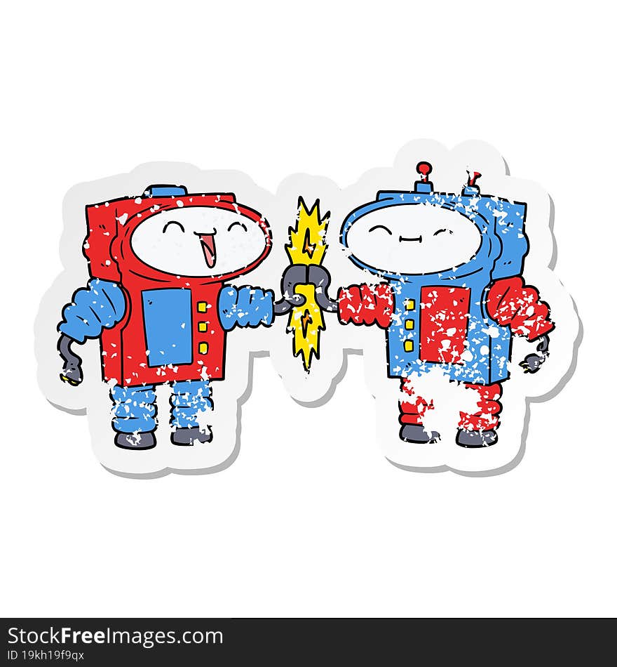 distressed sticker of a cartoon robots connecting