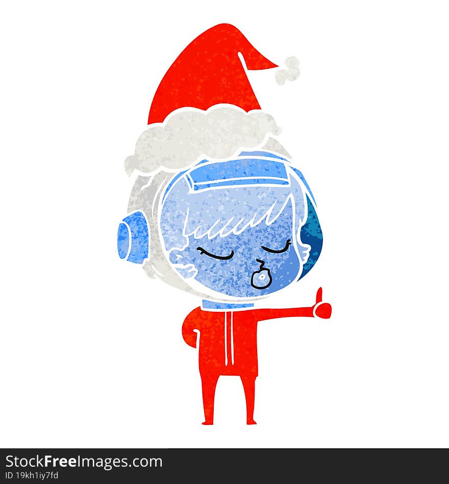 retro cartoon of a pretty astronaut girl giving thumbs up wearing santa hat