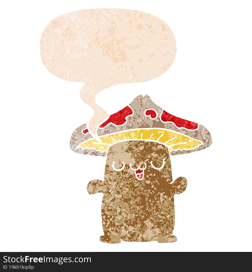 cartoon mushroom creature and speech bubble in retro textured style