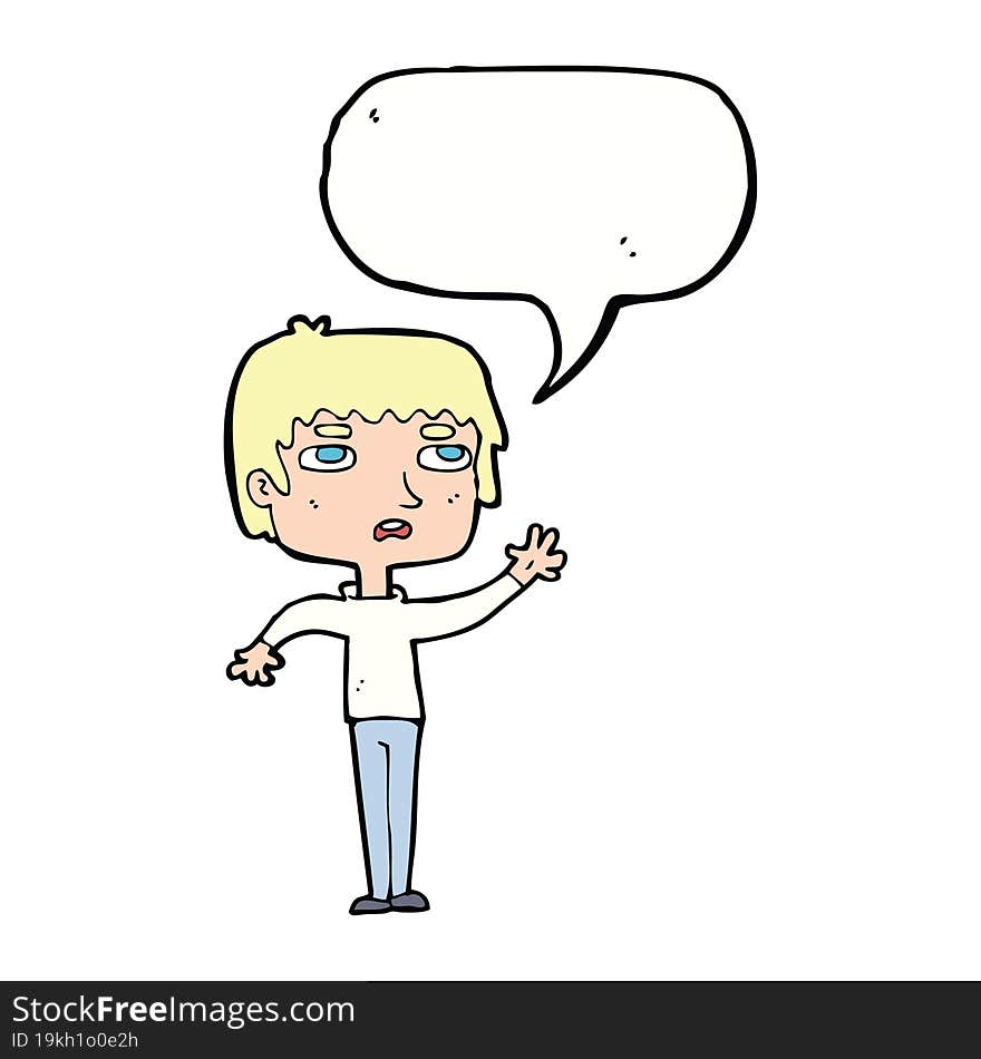 Cartoon Unhappy Boy Waving With Speech Bubble