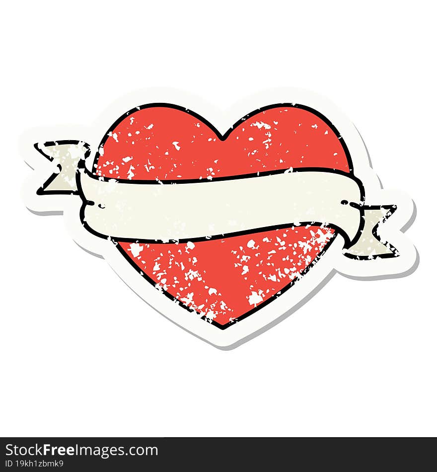 distressed sticker tattoo in traditional style of a heart and banner. distressed sticker tattoo in traditional style of a heart and banner