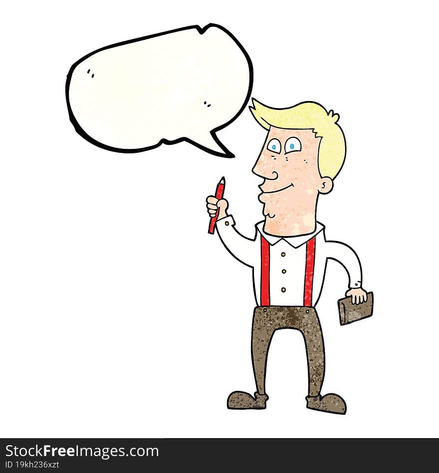 speech bubble textured cartoon man with notebook and pen