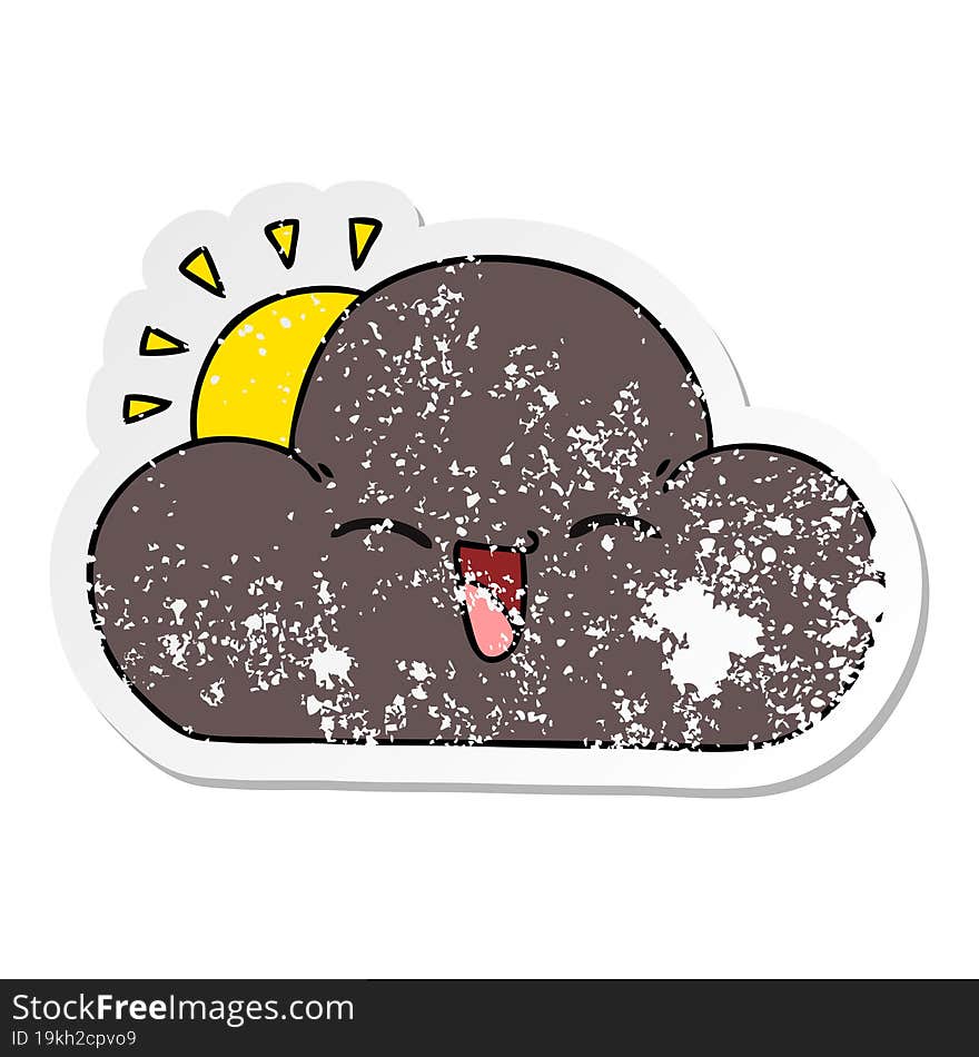 distressed sticker of a quirky hand drawn cartoon sun and happy storm cloud