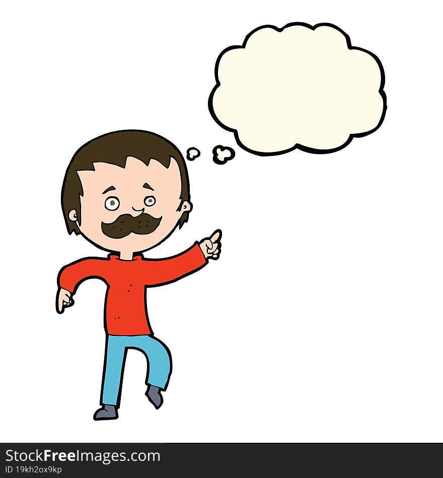 Cartoon Man With Mustache Pointing With Thought Bubble