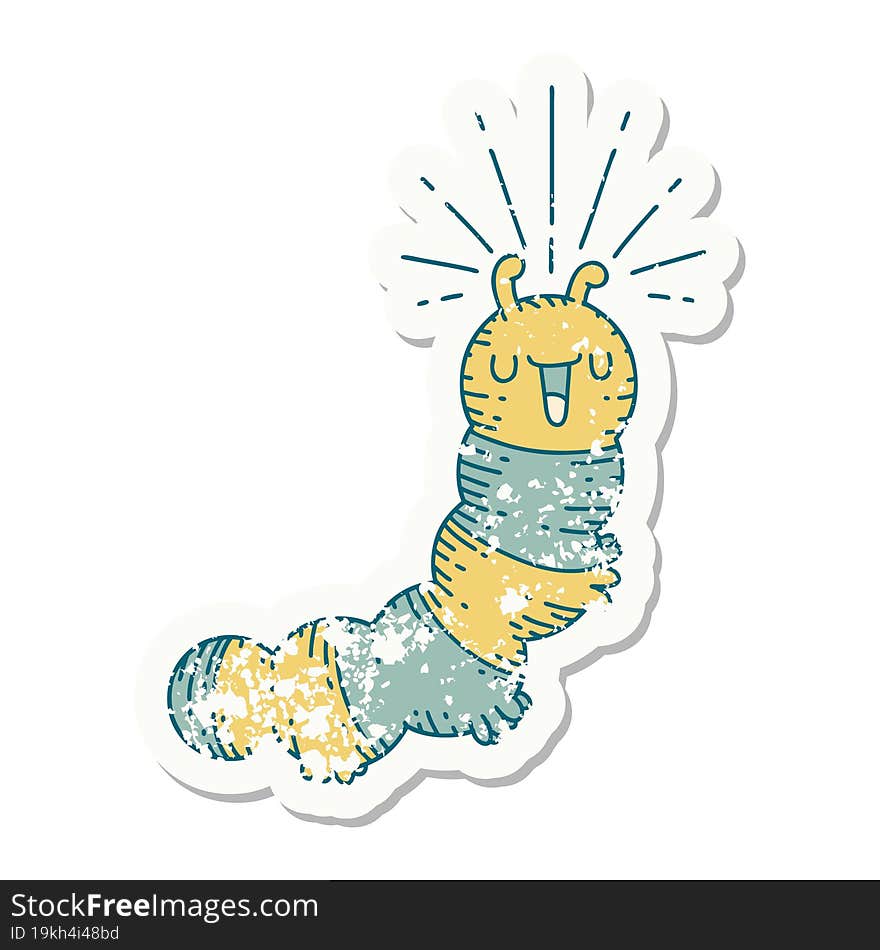 grunge sticker of tattoo style happy caterpillar