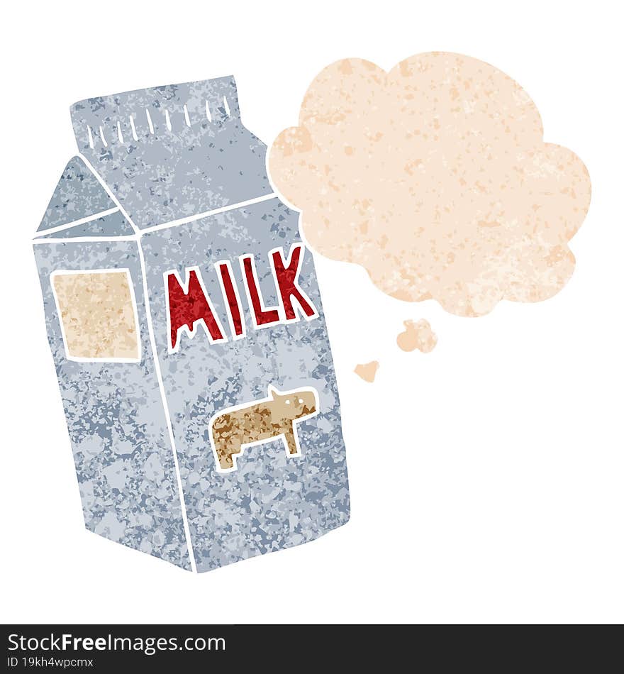 cartoon milk carton and thought bubble in retro textured style