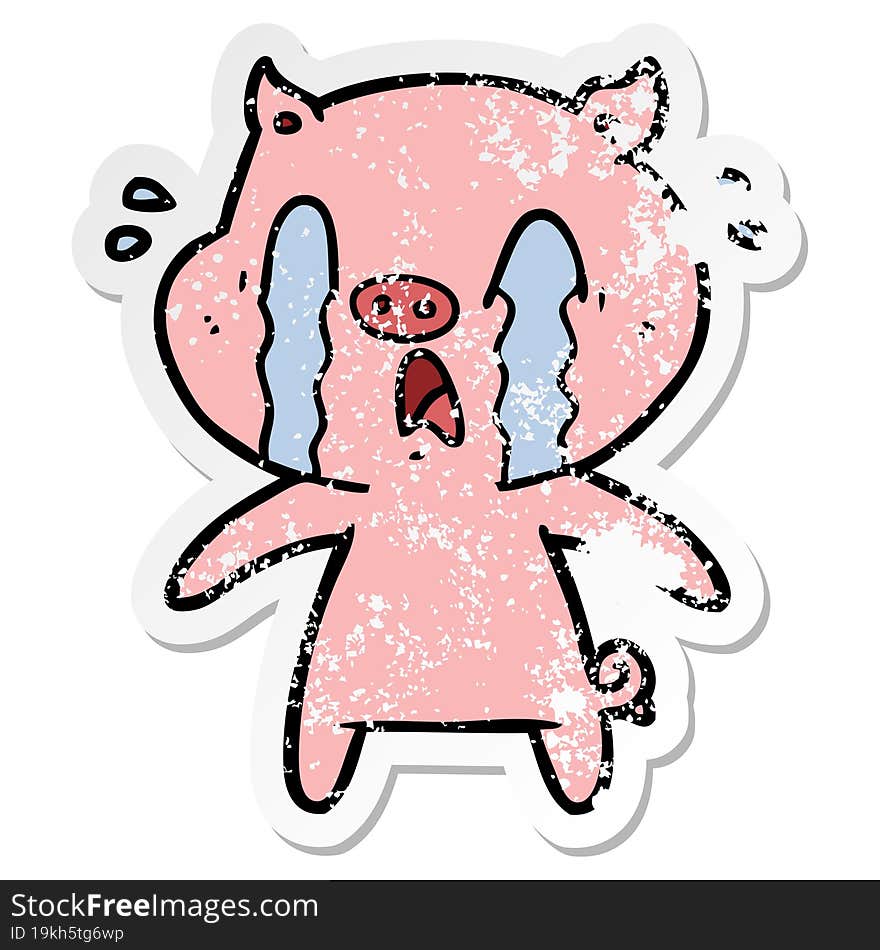 distressed sticker of a crying pig cartoon