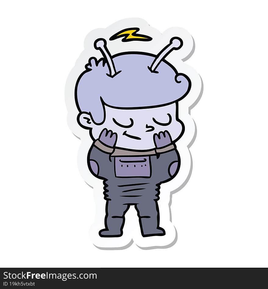 sticker of a bashful cartoon spaceman