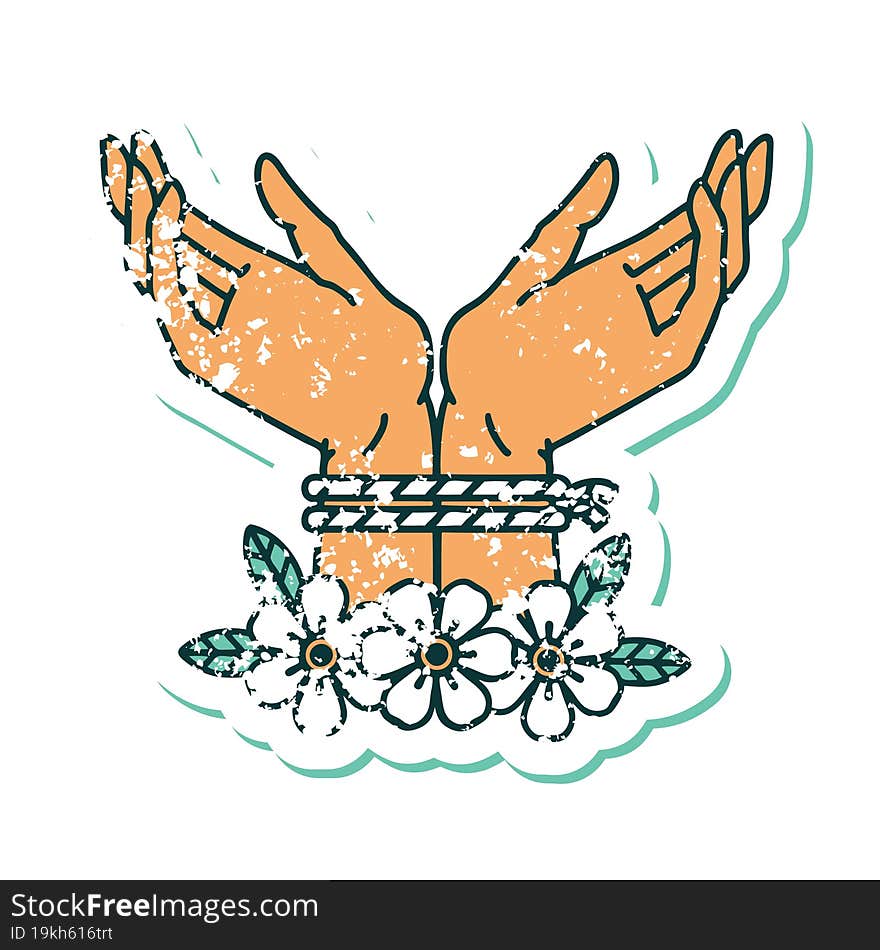 distressed sticker tattoo style icon of hands tied