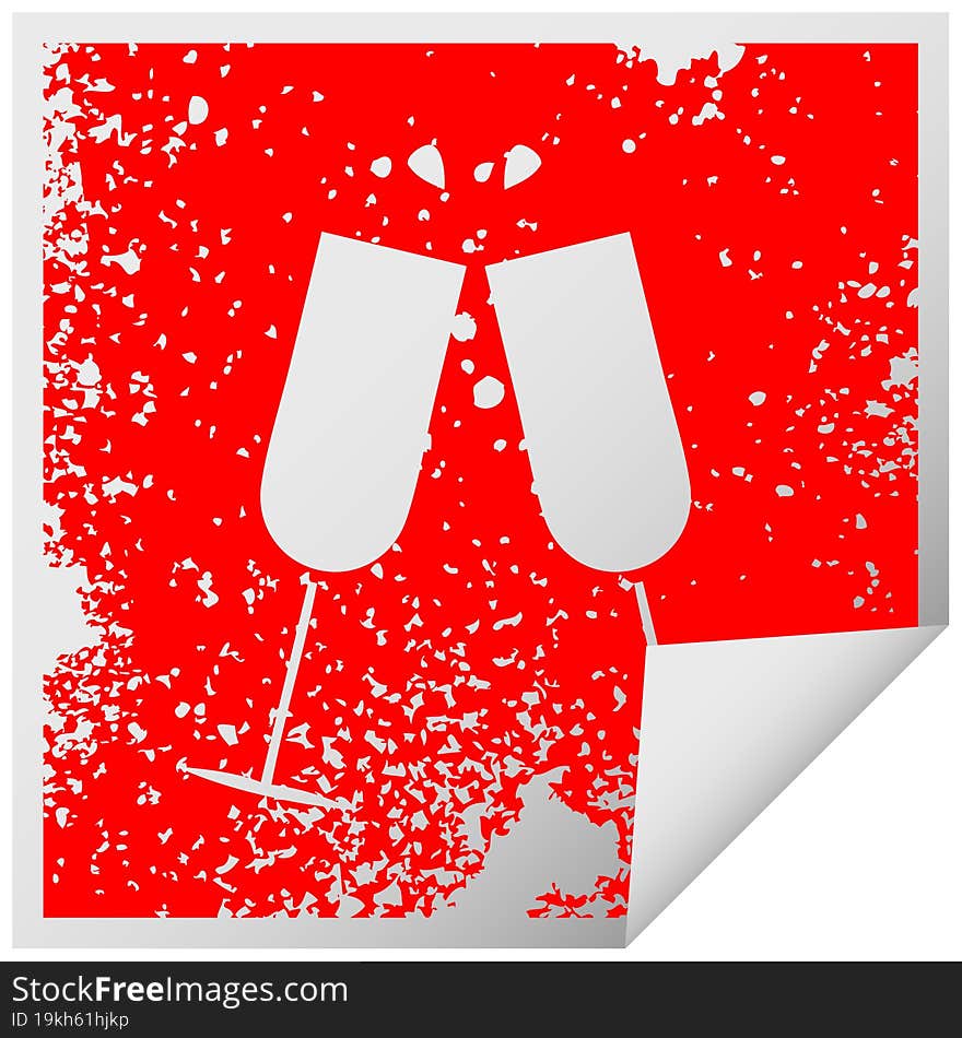 distressed square peeling sticker symbol of a clinking champagne flutes