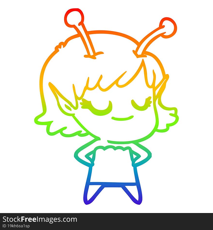 rainbow gradient line drawing smiling alien girl cartoon