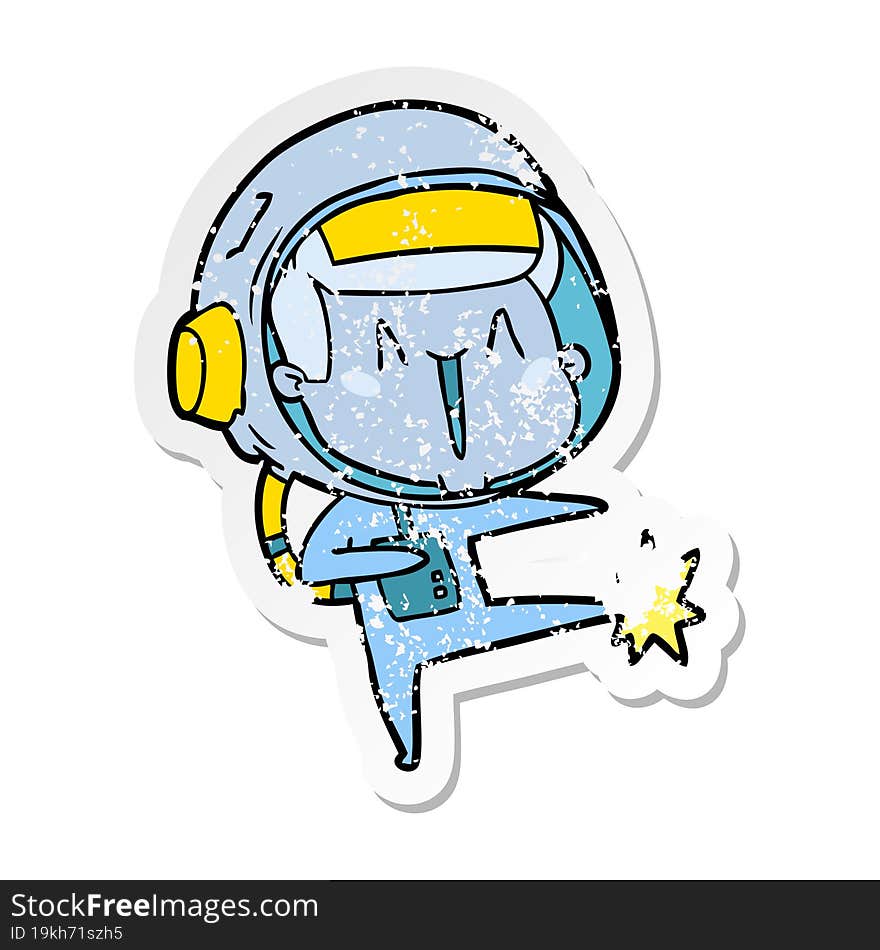 distressed sticker of a happy cartoon astronaut dancing