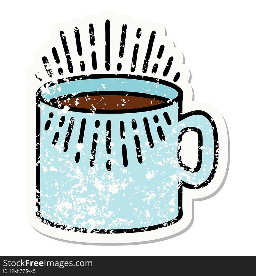 traditional distressed sticker tattoo of cup of coffee