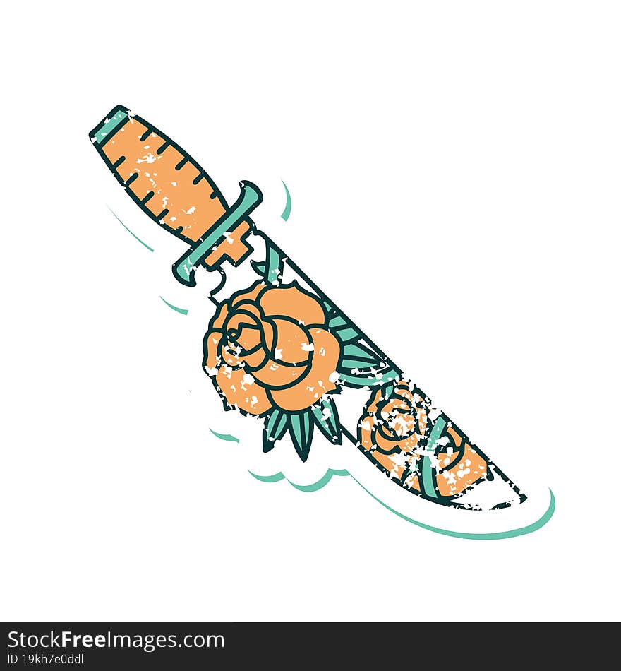 Distressed Sticker Tattoo Style Icon Of A Dagger And Flowers