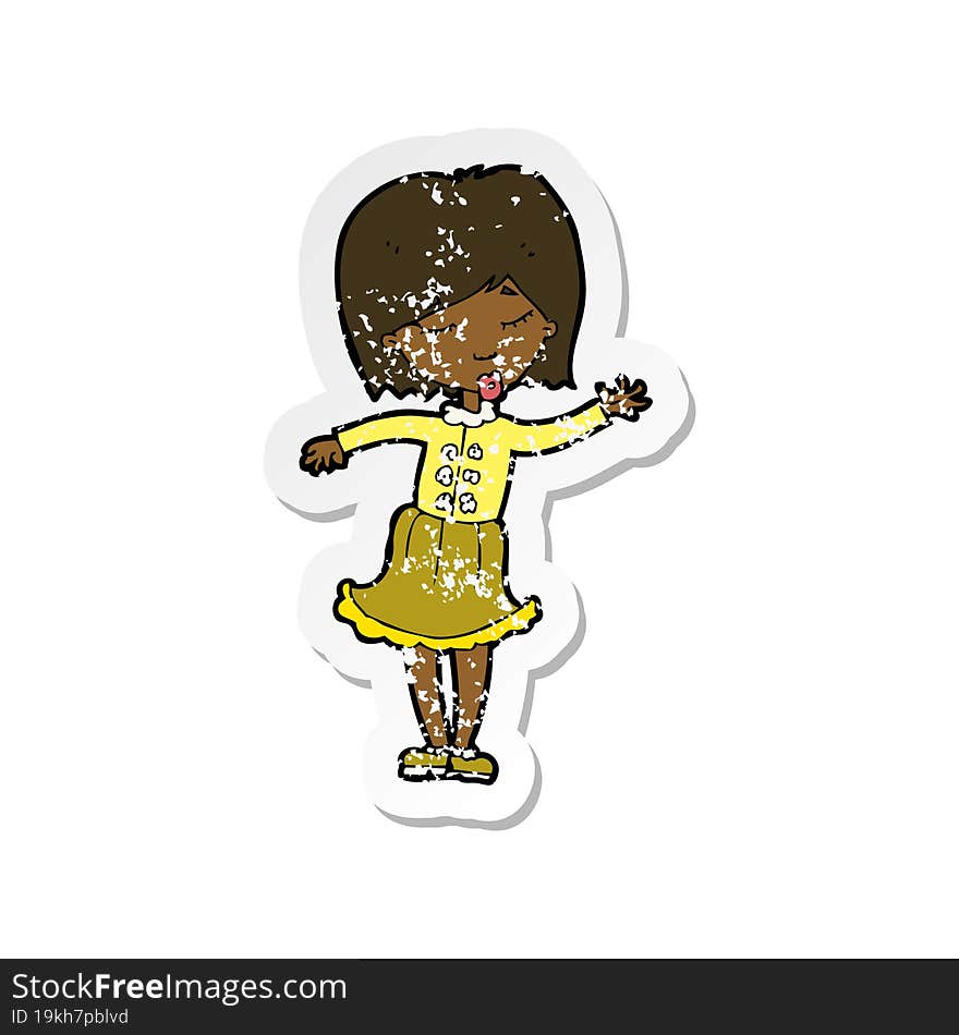 Retro Distressed Sticker Of A Cartoon Waving Woman