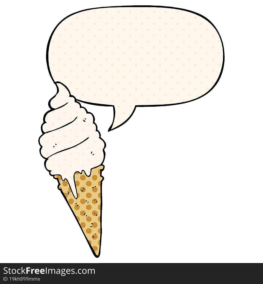 cartoon ice cream and speech bubble in comic book style