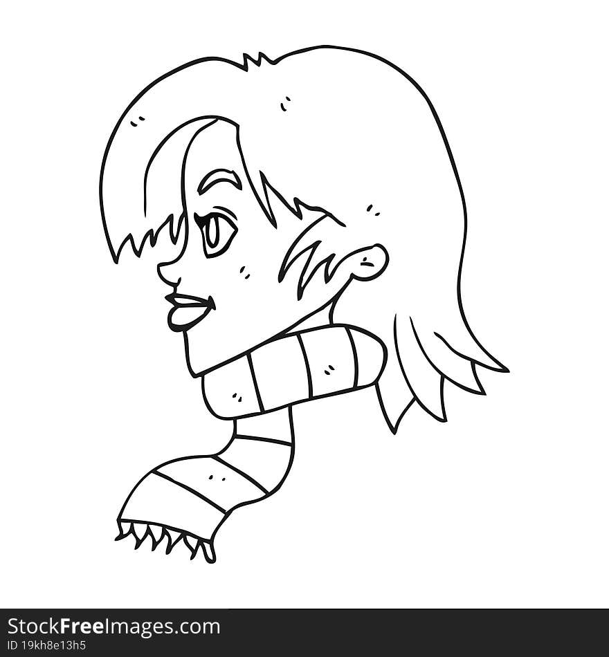 freehand drawn black and white cartoon woman wearing scarf