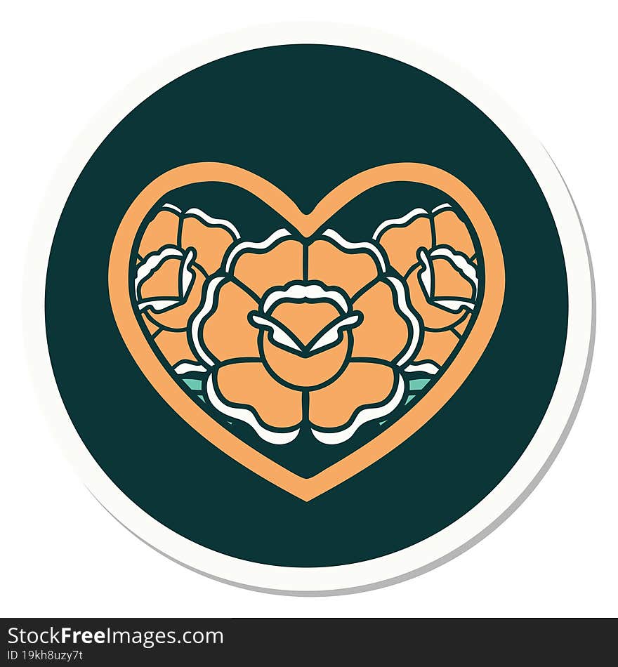 sticker of tattoo in traditional style of a heart and flowers. sticker of tattoo in traditional style of a heart and flowers