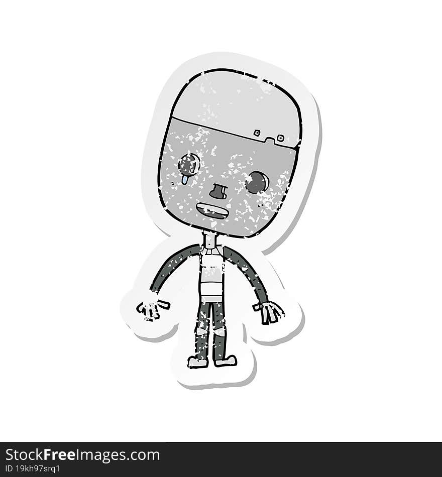 retro distressed sticker of a cartoon sad robot