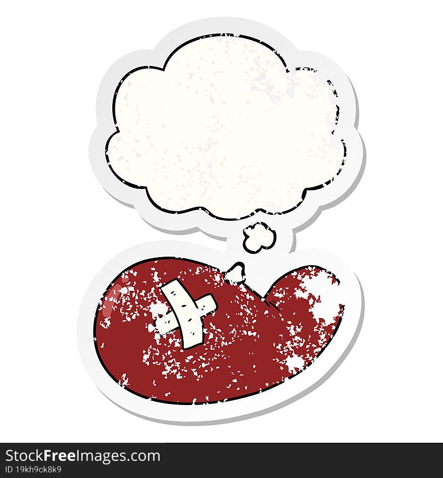 cartoon injured gall bladder and thought bubble as a distressed worn sticker