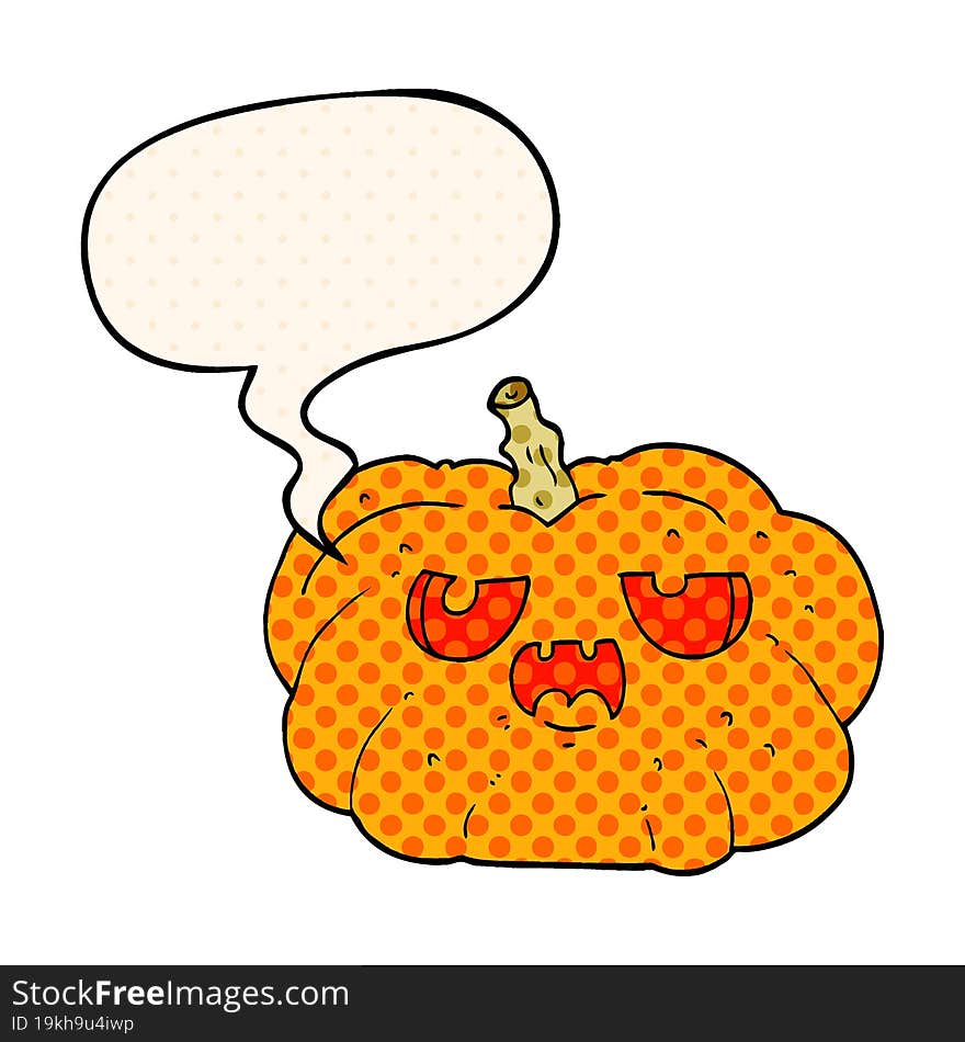 cartoon pumpkin and speech bubble in comic book style