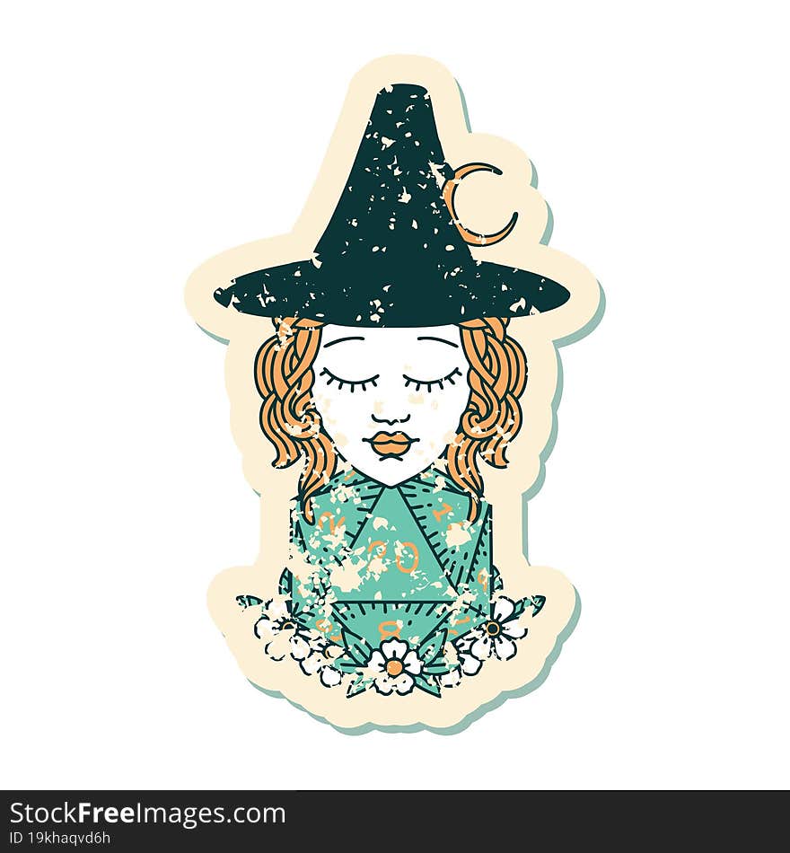 grunge sticker of a human witch with natural twenty dice roll. grunge sticker of a human witch with natural twenty dice roll