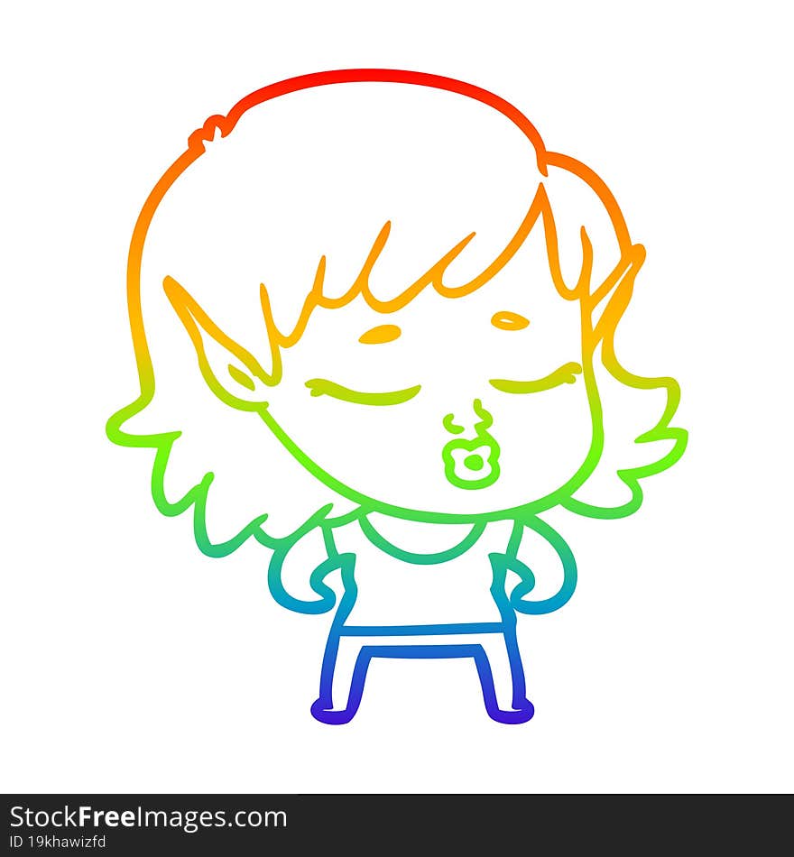 rainbow gradient line drawing of a pretty cartoon elf girl