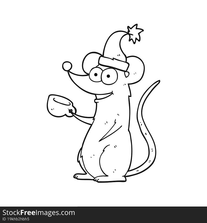 freehand drawn black and white cartoon mouse wearing christmas hat