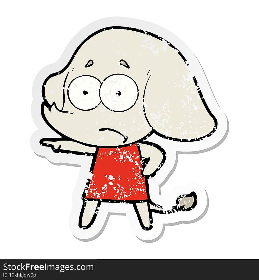 distressed sticker of a cartoon unsure elephant girl pointing